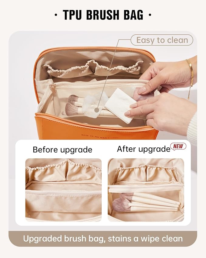 EACHY Travel Makeup Bag for Women, Flat Open Cosmetic Bag, Orange, Large | Flat-open cosmetic organizer with pockets and clear TPU brush compartment for makeup, toiletries and travel essentials - Image 4