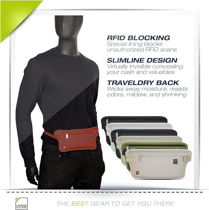 Lewis N. Clark Travel Money Belt Pouch, Slim RFID Blocking Anti Theft Waist Stash Pouches for Cash, Cards and Passport Holder - Image 2