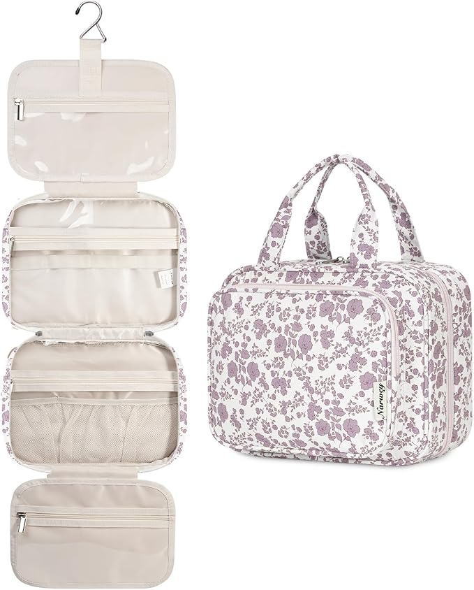Narwey Hanging Floral Toiletry Bag for Women Travel Makeup Bag Organizer Toiletries Bag for Travel Size Essentials Accessories Cosmetics (Dusty Pink Flower (Medium)) by Narwey