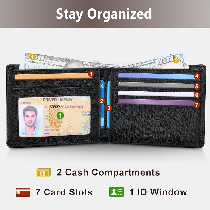 Travelambo Leather Wallet for Men, Slim Minimalist RFID Credit Card Holder | Mens Thin Bifold Pocket Wallet, Gift for Father, Crosshatch Black - Image 2