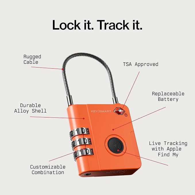KeySmart SmartLock Tracking Luggage Locks, TSA Locks for Luggage, Combination Lock Compatible with Apple Find My App, Best Travel Essentials, Replaceable Non-Rechargeable Battery (Orange 1 Pack) - Image 2