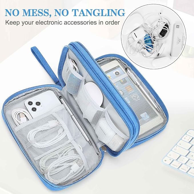 FYY Electronic Organizer, Travel Tech Pouch Bag, Large, Cyan | Wrist Strap, Waterproof, Double Layers Portable Electronics Travel Carrying Case for Cord, Charger, Daily Business Trips Use - Image 5