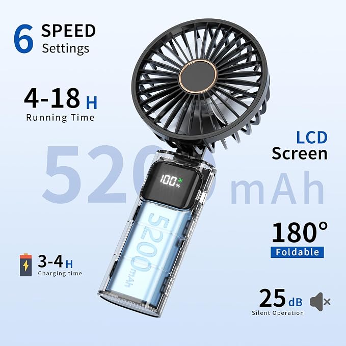 Portable Handheld Fan, USB Rechargeable Foldable Mini Personal Fan, 5200mAh, 180 Adjustable, 6 Speed Wind, 3 IN 1 Hand Cooling Desk Fan with LED Display for Home Office School Outdoor Travel, Black - Image 2