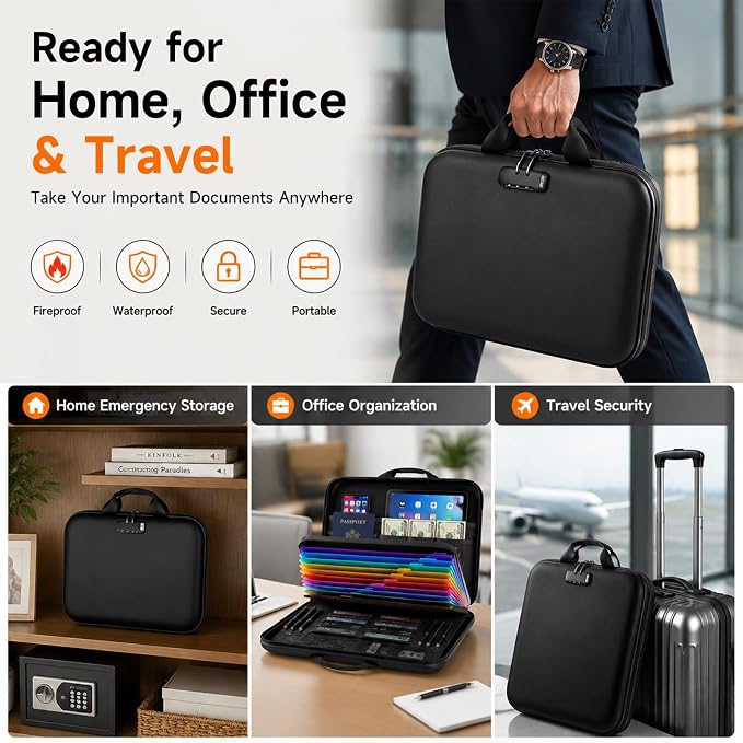 Fireproof Document Box with Lock, Waterproof Hard-Shell File Organizer with 13-Pocket Accordion Folder & Multi-Compartments for Laptop, Documents, Passports & Valuables - Image 8