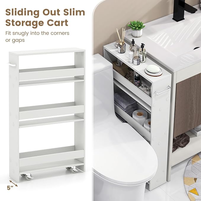 COSTWAY Slim Rolling Storage Cart, 4-Tier Rolling Utility Cart, Wood Kitchen Storage Cart with Handle & Wheels, Narrow Rolling Shelving Unit for Kitchen Bathroom Laundry Small Places (Plain White) - Image 8