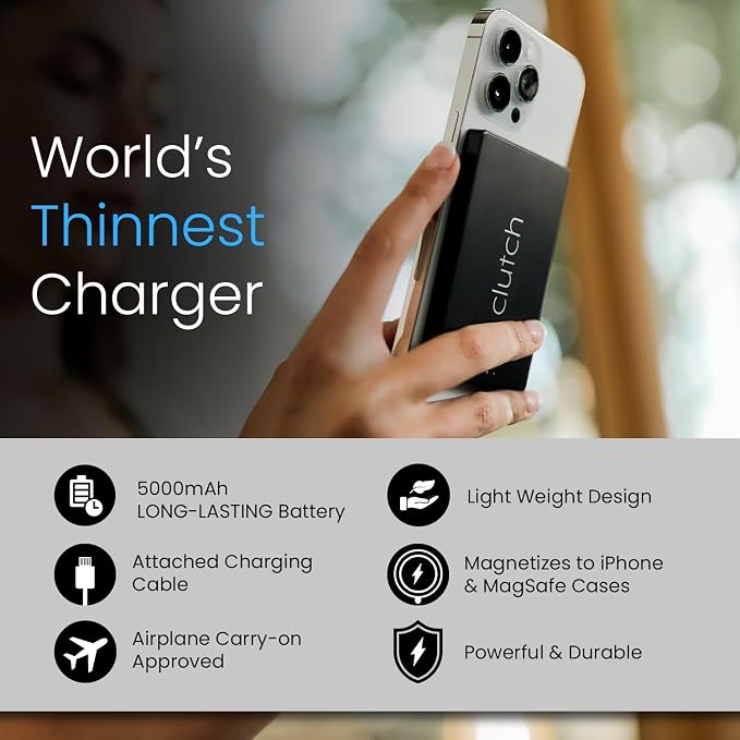 Clutch Pro – World's Thinnest Portable Charger – USB-C Power Bank 5000mAh – Magnetic Built-in Cable – TSA Approved Travel Charger – iPhone 15/16/17 & Android – Black - Image 6