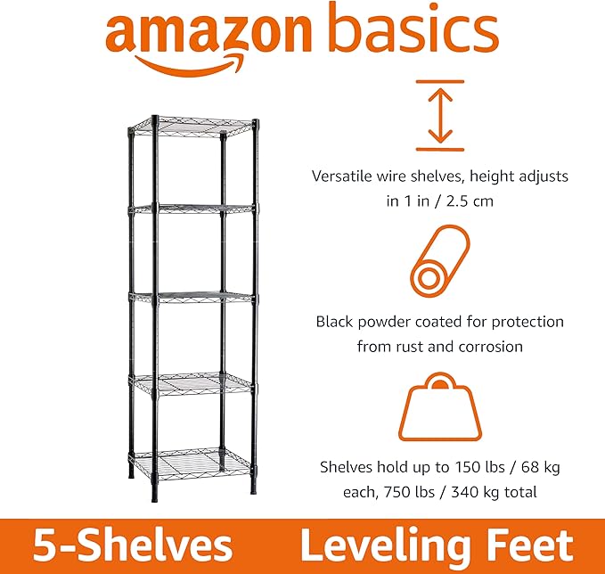 Amazon Basics 5-Shelf Tower Adjustable Storage Shelving Unit for Garage, Rust-Resistant Steel, 150 lbs Per Shelf, 16"W x 16"D x 54"H, Black - Image 4