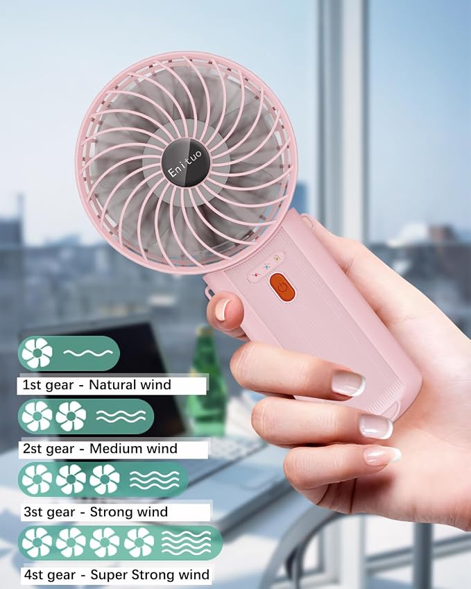 Portable Fan Handheld Fan, Mini Hand Held Fan, 6-15H Cooling Small Personal Fan, 180° Foldable Mini Desk Fan with 4 Quiet Speed, Neck Fan w/Lanyard for Kids Women Men Travel Outdoor Office, Pink - Image 2