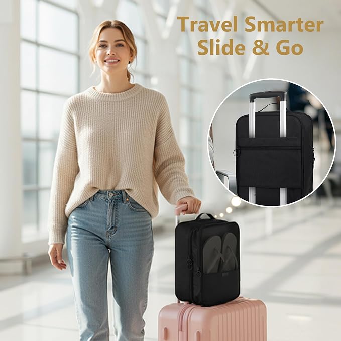 Black Shoe Bag for Travel, 2 Layers Waterproof Shoes Organizer | Holds 3 Pairs,Trolley Strap,Easy Clean Lining,Leak Proof,Dual Zippers - Image 2