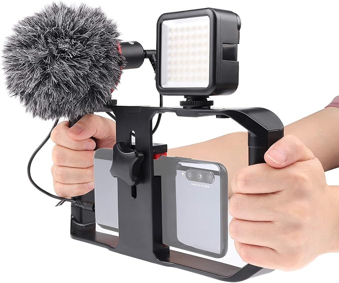 FocusFoto PRO U-Rig Smartphone Video Camera Cage Mount Holder Stabilizer Handle Grip with BOYA by-MM1 Microphone Mic+ 49 LED Light+ Mini Tripod Kit for Mobile Phone iPhone Filmmaking Videomaker by FocusFoto