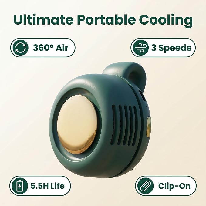 Portable Silent Bladeless Clip on Fan, Mini Fan with Clip, Rechargeable Personal Handheld Fan, Adjustable 3-Speed Suspended Waist Fan for Outdoor, Camping, Travel, Office (Green) - Image 4