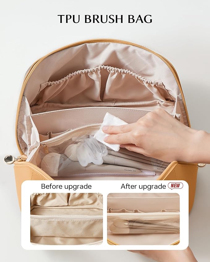 EACHY Travel Makeup Bag for Women, Flat Open Cosmetic Bag, Yellow, Large | PU leather organizer with flat-open access, storage pockets and clear TPU brush compartment for daily makeup and toiletries - Image 3
