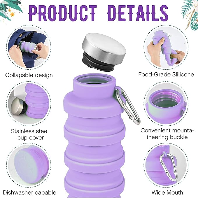 Collapsible Water Bottle,4 Pcs BPA Free Reuseable Silicone Foldable Leakproof 16oz Water Bottles,Portable Lightweight Water Bottles Carabiner for Travel Gym Camping,Hiking Sports - Image 2