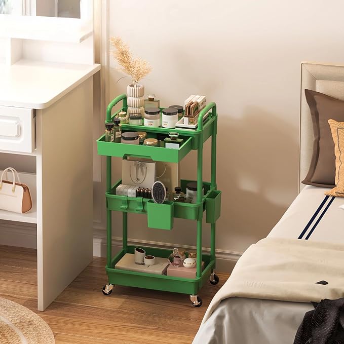 3 Tier Rolling Utility Cart with Drawer, Plastic Storage Organizer Rolling Carts with Wheels Handles Hanging Cups Hooks for Office, Bathroom, Kitchen,Craft Art Room (Green) - Image 9
