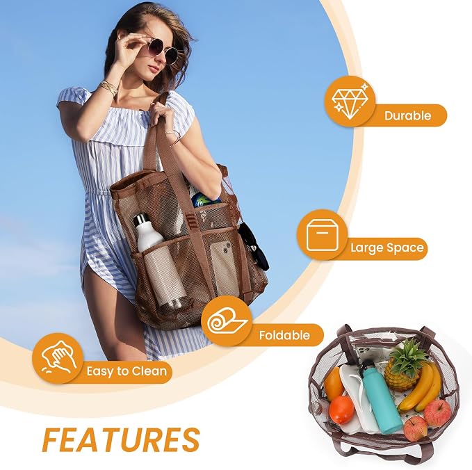 Tavaleu Mesh Beach Bag, Large Capacity Beach Tote, Multi Pockets, Sandproof | Mesh Material, Multiple Storage Pockets, Lightweight & Foldable Design, For Beach & Pool Use, Easy to Clean & Quick Dry - Image 6