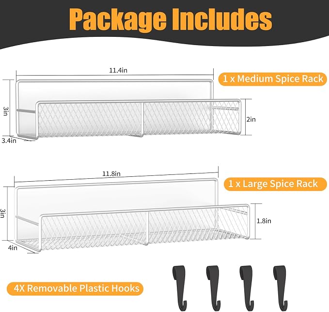Magnetic Spice Rack for Refrigerator, 2 Pack Metal Magnetic Shelf White, Moveable Spice Organizer with Hooks, Super Magnetic Fridge Shelf for Kitchen Organization and Storage - Image 2