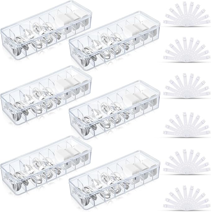 Tatuo 6 Pcs Cord Organizer for Drawer Desktop, Cable Organizer Box with 8 Compartments and Wire Ties, Plastic Charger Storage with Lid, Electronics Case for Home Office Accessories (Small,Clear) by Tatuo