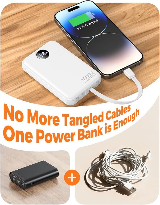Portable Charger 10000mAh with 4 Built-in Cables 40% Smaller | Power Bank Fast Charging Battery Pack,LED Display Compact with Travel Charger for iPhone Other Devices-White - Image 2