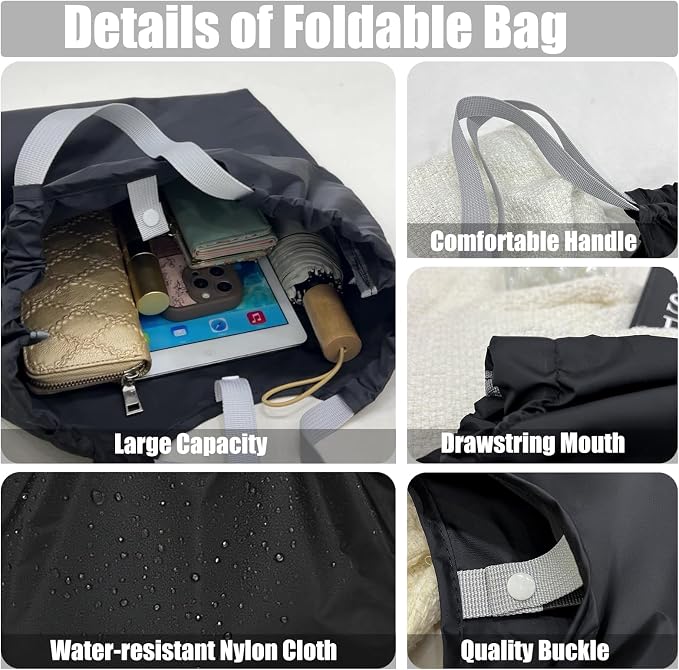 2 PC Foldable Reusable Shopping Bags - 210D Nylon Waterproof Grocery Tote Bag with Drawstring Mouth & Reinforced Handle - Image 2