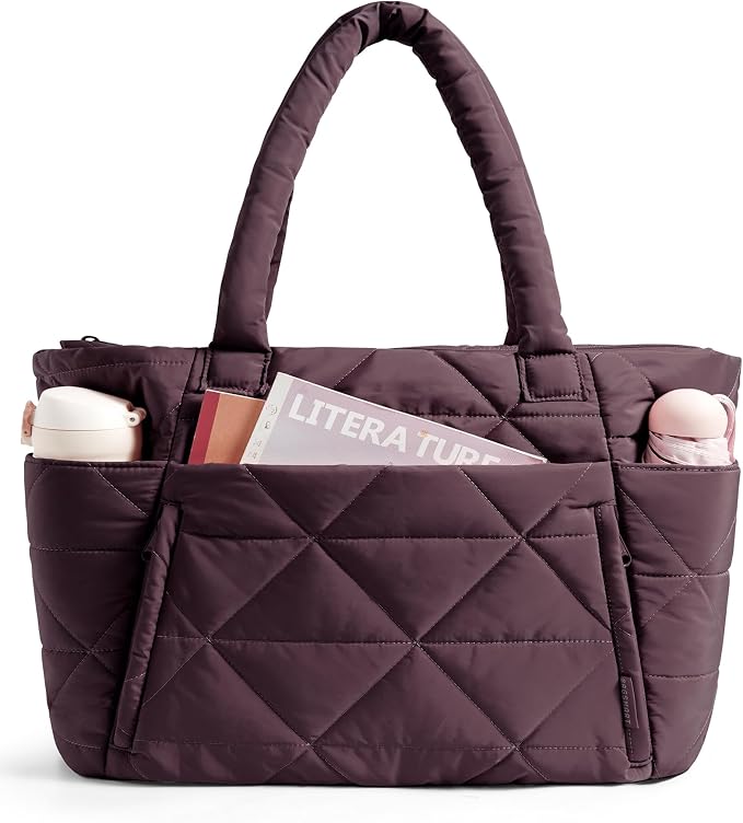 BAGSMART Tote Bag for Women, Puffer Tote Bag with Zipper, Large Quilted Shoulder Bag with Compartments for Travel, Work, Gym by BAGSMART