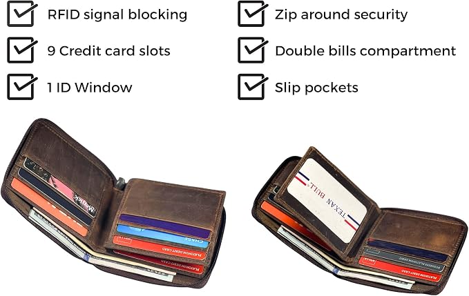 RFID Blocking Bifold Cowhide Leather Wallets For Men With Zipper Security | Safe Metal Zip Chain 9 Card-ID Slim Minimalist Mens Wallet (Hunter Brown) - Image 4