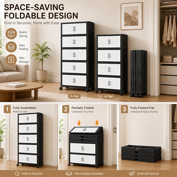 5 Tier Foldable Storage Cabinet with Top Lid, Tall Mobile PP Storage Organizer with Magnetic Doors and Wheels, Space-Saving Collapsible Organizer for Bedroom Living Room Kitchen Pantry Bathroom - Image 5