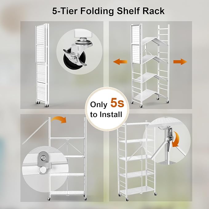 Himix 5-Tier Foldable Storage Shelves 20 Hooks Wheels White No Assembly | Folding shelving units, Metal collapsible organization, Wire rack, Unit rolling cart, Bookshelf, Kitchen, Home, Holds 440 Ibs - Image 4