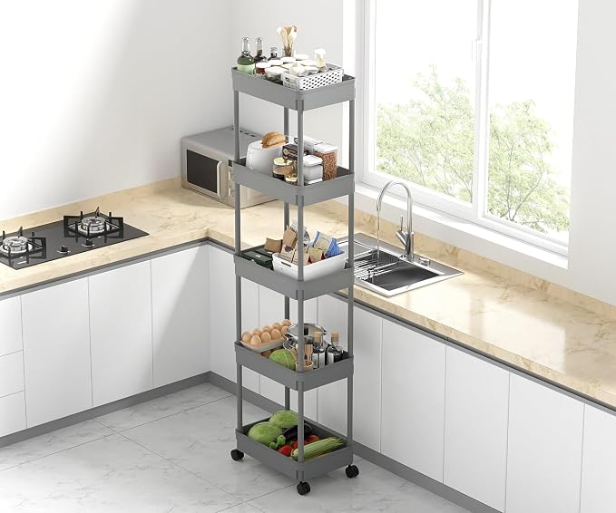 Sooyee 5-Tier Plastic Rolling Utility Cart with Wheels, Grey | Multi-Functional Storage Trolley for Office, Living Room, Kitchen, Movable Storage Organizer with Wheels - Image 3