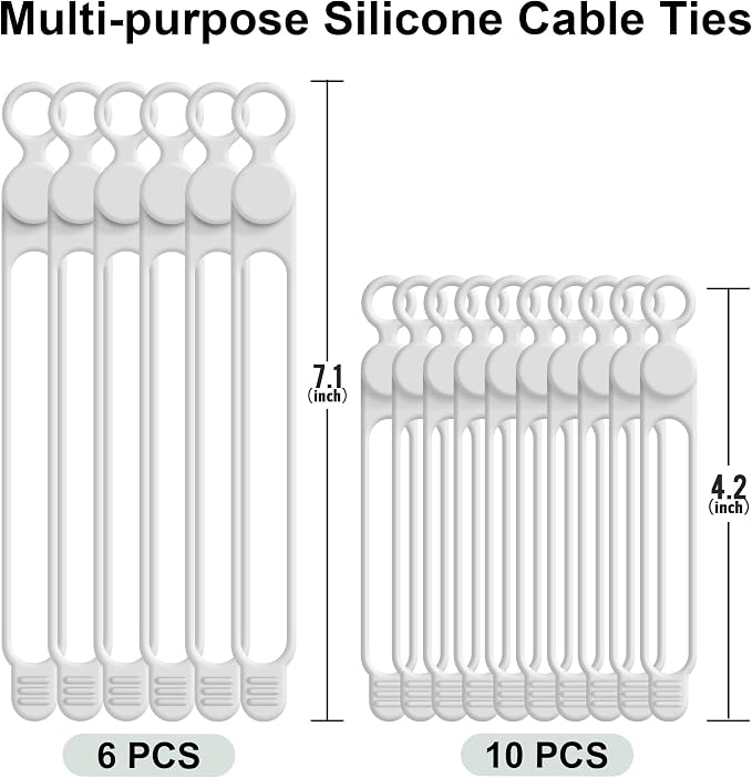 Silicone Cable Ties, Cord Organizer Cable Management,2Sizes-White | Reusable Cord Ties for Electronics, Office Desk Accessories, Home Travel Essentials, Easy to Use, 4.2 Inch & 7.1 Inch-16Pcs - Image 6