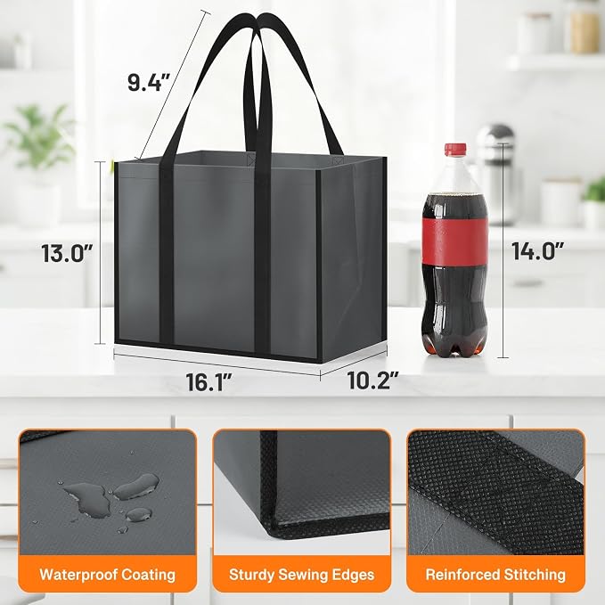 WISELIFE Reusable Grocery Bags, Foldable, Lasting Use, 35L, 4 Pack, Gray | Large Shopping Bags with Reinforced Stitching, Water-Resistant Grocery Totes for Kitchen, Market, Car Trunk, Picnic - Image 5