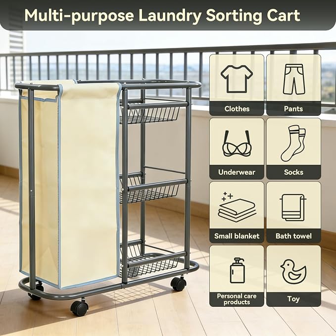 Narrow Laundry Cart with Wheels, 3 Baskets and 45L Laundry Bag | Metal Rolling Cart for Small Space, Laundry Room Organization and Storage, for Bathroom Living Room Apartment Dorm - Image 5