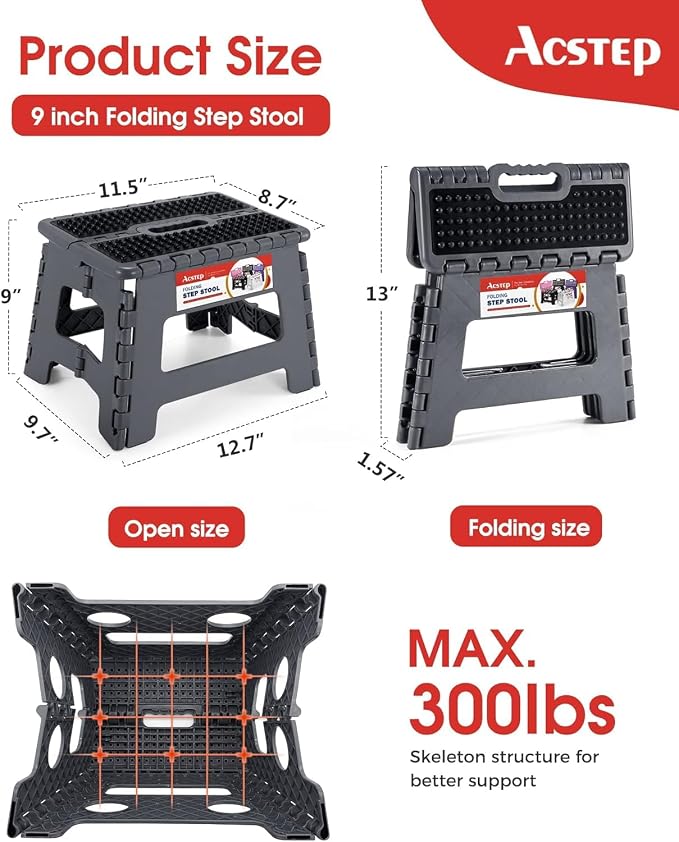 Folding Step Stool 9 inch Height Non-Slip Plastic Step Stools for Kids and Adults, Kitchen Collapsible Fold Up Small Stepping Stool Grey,1 Pack | Portable Foldable Stools, Heavy Duty Collapsible Foot Stool, Holds 300 lb for Adults Kitchen Bathroom Outd... - Image 5