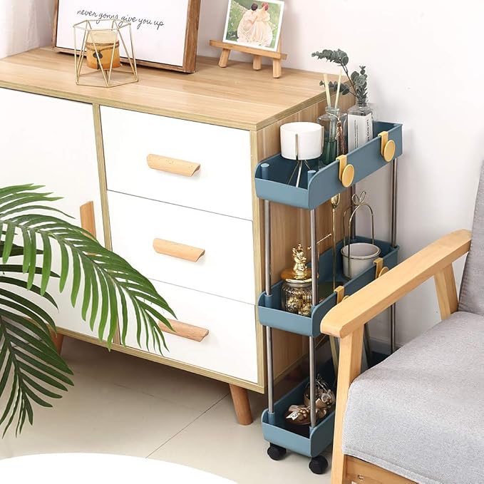 Melody House 3-Tier Slim Mobile Shelving Unit on Wheels, Slide Out Rolling Bathroom Storage Organizer, Utility Carts Shelf Rack for Kitchen Bathroom Laundry Room Narrow Places, Navy Blue - Image 2