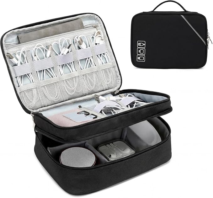 Lanola Electronic Organizer,Travel Cable Organizer Bag Pouch Electronic Accessories Carry Case Portable Double Layers Storage Bag for Cable,Cord,Charger,Phone,Earphone,Power Bank,Memory Cards - Black by Lanola