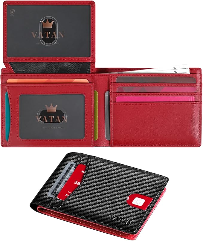 VATAN Wallet for Men Slim RFID Blocking Leather Credit Card Holder Wallet for 15 Cards, Bifold Minimalist Thin Wallet with 2 ID Windows & Cash Slot, With Gift Box(Carbon black and Red) by VATAN