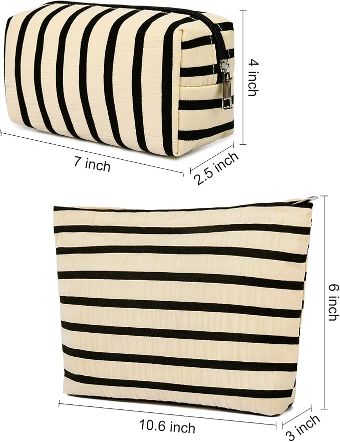 SOIDRAM 2 Pieces Makeup Bag Large Stripe Cosmetic Bag Capacity Canvas Mix Travel Toiletry Bag Organizer Cute Makeup Brushes Aesthetic Accessories Storage Bag for Women, Stripe Mix White - Image 3