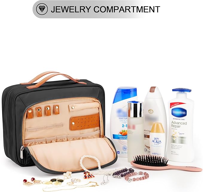 Travel Hanging Toiletry Bag for Women, Holds Full-Size Shampoo, with Jewelry Organizer Compartment, Extra Large Makeup Bag, Waterproof Cosmetic Bag, Toiletries Kit Set with Trolley Belt, Black - Image 3
