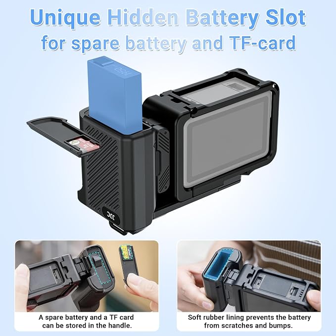 JJC Osmo Action 6 Handle Grip Kit w. Extra Battery Slot,Street Photography | Metal Cage with Quick Release Magnetic Grip & Shutter Button,Cold Shoe,Lens Cap,Lanyard,One-Stop Solution - Image 2