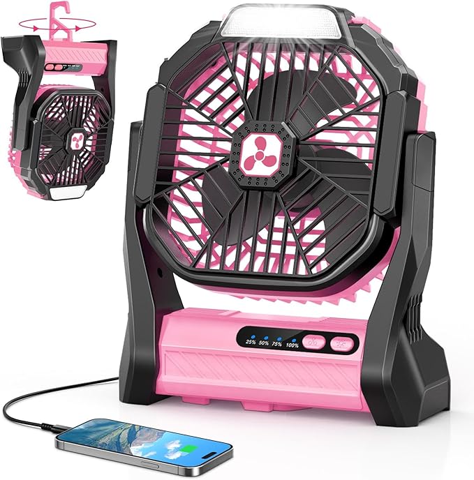Peouix Portable Rechargeable Fan, 20000mAh Cordless Battery Powered Camping Tent Fans with LED Lantern, Operated Outdoor Ventiladores for Travel Camp Fishing Office Home Essentials | Pink by Unknown