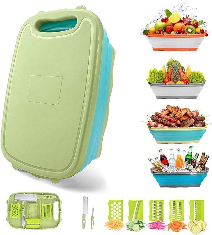 Gintan Camping Cutting Board, 9-in-1 Collapsible Chopping Board with Colander, Kitchen Vegetable Washing Basket for Camping, Camping Gifts Camping essentials for RV Campers (Blue Green) by Gintan