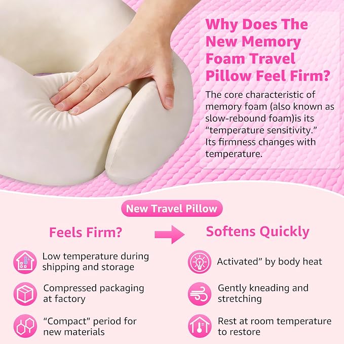 Memory Foam Travel Neck Pillow | Ergonomic 360 Degree Head Support for Airplane, Car and Office Sleeping, with Breathable Cotton Cover and Carry Bag, Pink-2 - Image 2