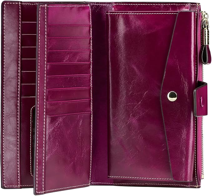 Itslife Womens Wallet RFID Blocking Large Capacity Luxury Wax Genuine Leather Wallets Clutch Wallet Ladies Card holder, Fuchsia - Image 4