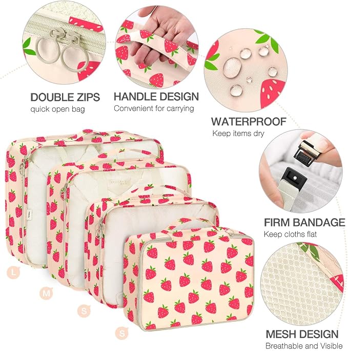 8 Set Packing Cubes for Suitcases,Packing Cube with Shoe, Cosmetics, Clothing, and Accessories Bags Packing Cubes for Travel Luggage Organizer Women Men(8 Set Strawberry) - Image 3