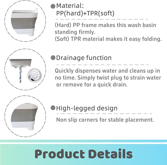 Collapsible Wash Basin with Drain Plug - 2.4 Gallon Foldable Kitchen Sink for Baby Bottles, RV Camping, Space-Saving Dish Tub (Gray) - Image 3