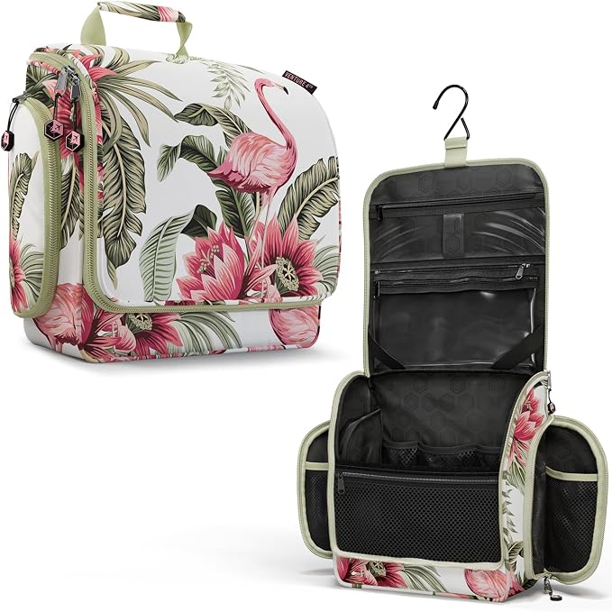 VENTURE 4TH Hanging Travel Toiletry Bag, 17 Compartments - Pink Flamingo | Hangs on rails, hooks or doors; stands upright too. Removable TSA pouch. Water-resistant 900D Nylon, reinforced stitching. by VENTURE4TH