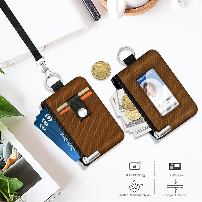Minimalist RFID Blocking Small Wallet with ID Window,WaterResistant Zip Id Case Wallet with Lanyard Keychain for Cards,Cash,Travel,Women,Men (Brown) - Image 8