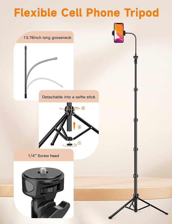 Phone Tripod Stand, 84" Tall Flexible Cellphone Tripod for iPhone with Gooseneck Remote - Image 6