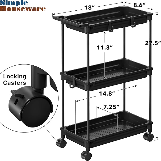 SimpleHouseware Standard 3-Tier Slim Rolling Storage Cart, Black - Image 3