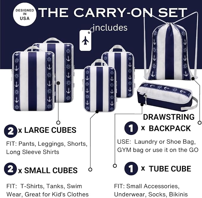 Large Compression Packing Cubes for Travel 6pc Set - Fits Carry On Suit Case & Checked Luggage, Organizer Luggage Packing Cubes for Travel & Home, with Drawstring Backpack/Laundry Bag - Image 4
