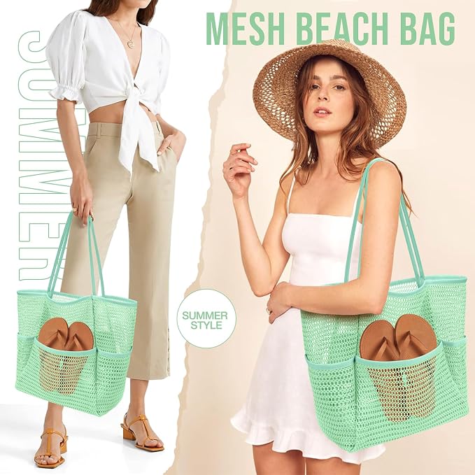 KPX Beach Bag with Mini Pocket, Summer Beach Tote Bags for Women Large Foldable Mesh Swimming Pool Travel Bags - Sandproof - Image 4